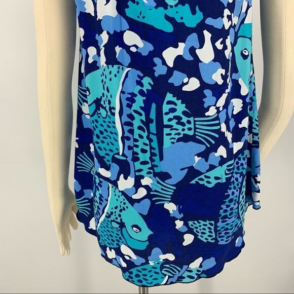 New Escapada Living Aegean Blue Fish Print Drawstring Neck Casual Beach Top [xs] - Picture 5 of 9